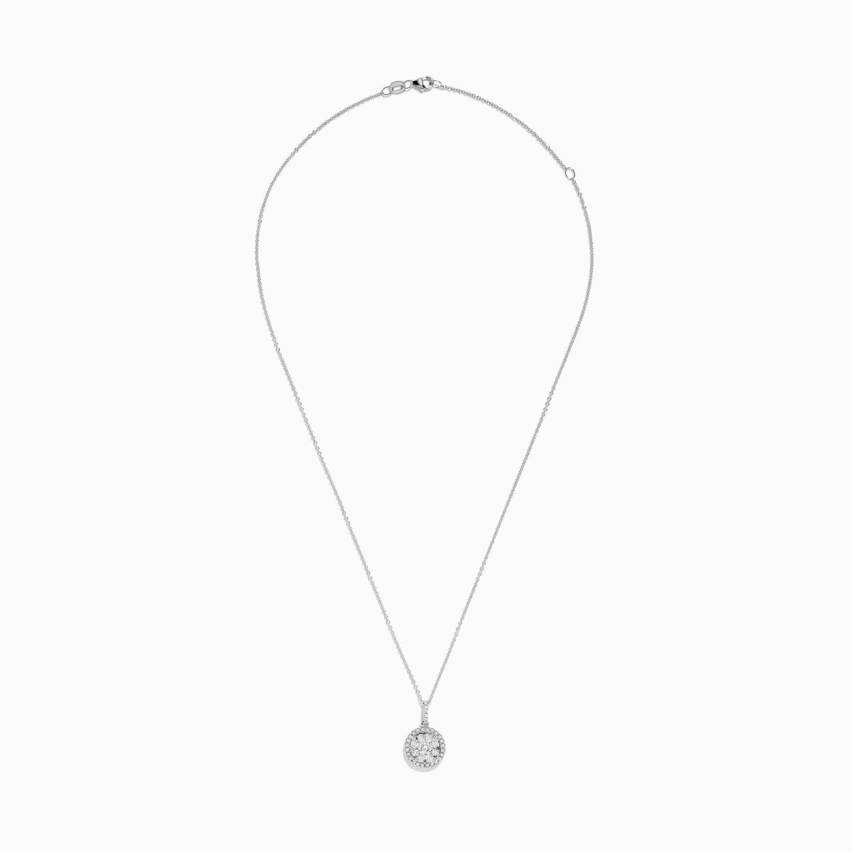 Bouquet 14K White Gold Diamond Cluster Pendant 1.04 TCW displayed on a silver chain, featuring sparkling diamonds in a round cluster with a halo, set in 14K white gold against a plain white background.