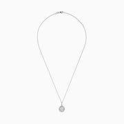 Bouquet 14K White Gold Diamond Cluster Pendant 1.04 TCW displayed on a silver chain, featuring sparkling diamonds in a round cluster with a halo, set in 14K white gold against a plain white background.