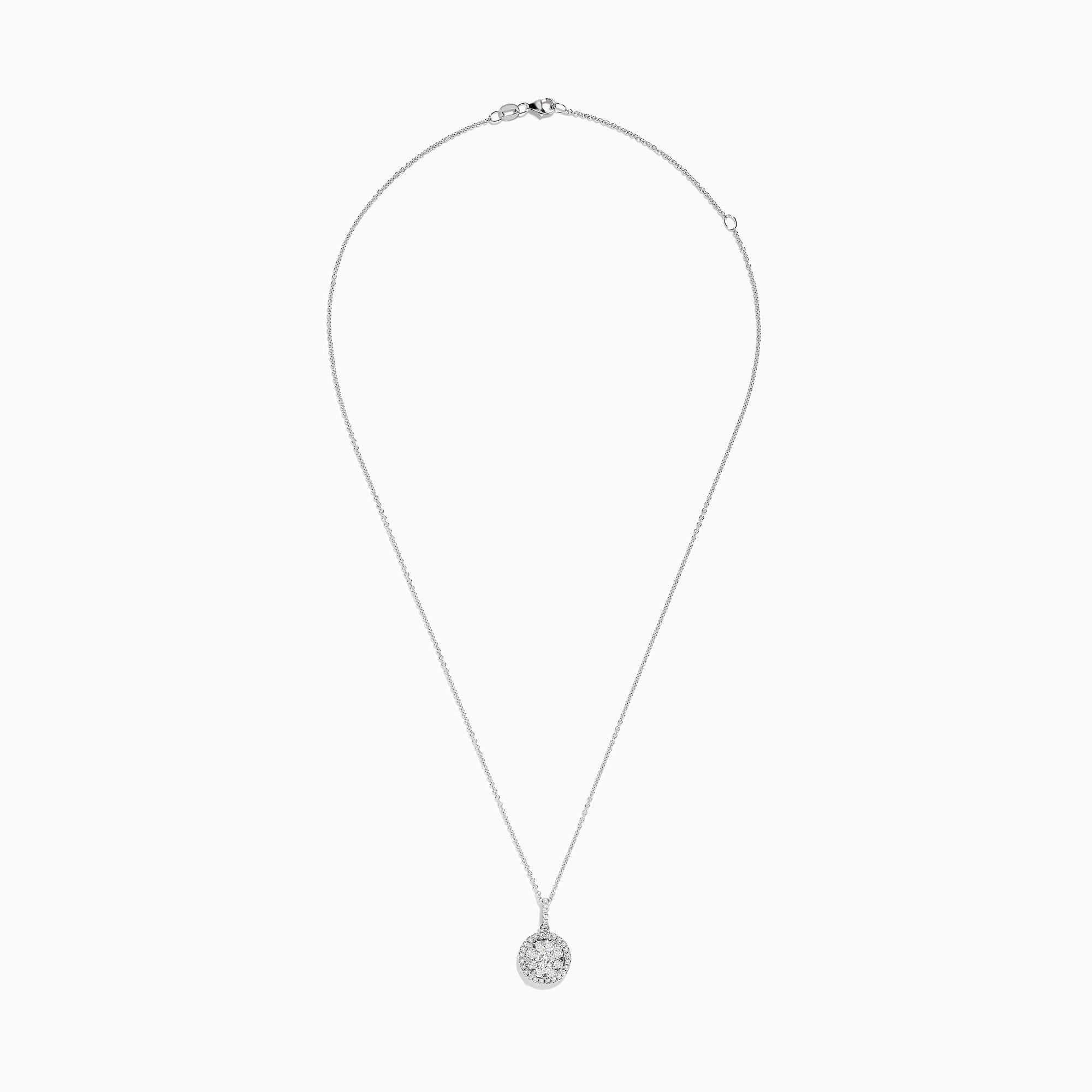 Bouquet 14K White Gold Diamond Cluster Pendant 1.04 TCW displayed on a silver chain, featuring sparkling diamonds in a round cluster with a halo, set in 14K white gold against a plain white background.
