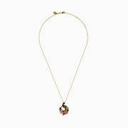 The Watercolors 14K Yellow Gold Multi Sapphire and Diamond Peacock Pendant features a gold chain with blue, green, pink, orange, red, and yellow sapphires to mimic a peacock’s feathers.