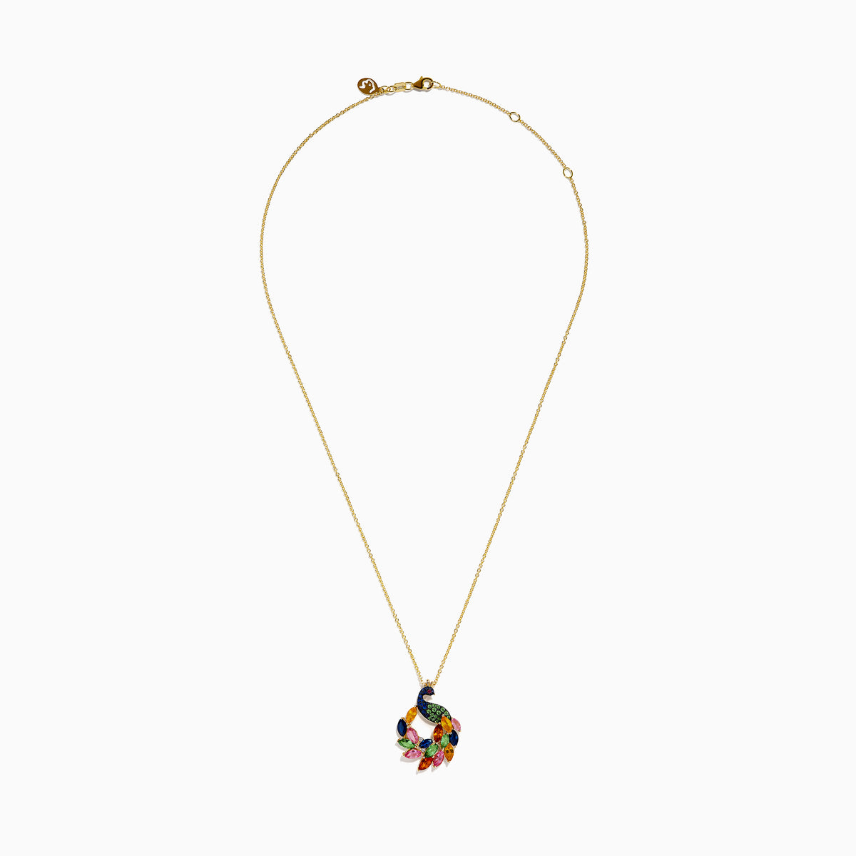 The Watercolors 14K Yellow Gold Multi Sapphire and Diamond Peacock Pendant features a gold chain with blue, green, pink, orange, red, and yellow sapphires to mimic a peacock’s feathers.