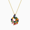 The Watercolors 14K Yellow Gold Multi Sapphire and Diamond Peacock Pendant features a gold chain with blue, green, pink, orange, red, and yellow sapphires to mimic a peacock’s feathers.