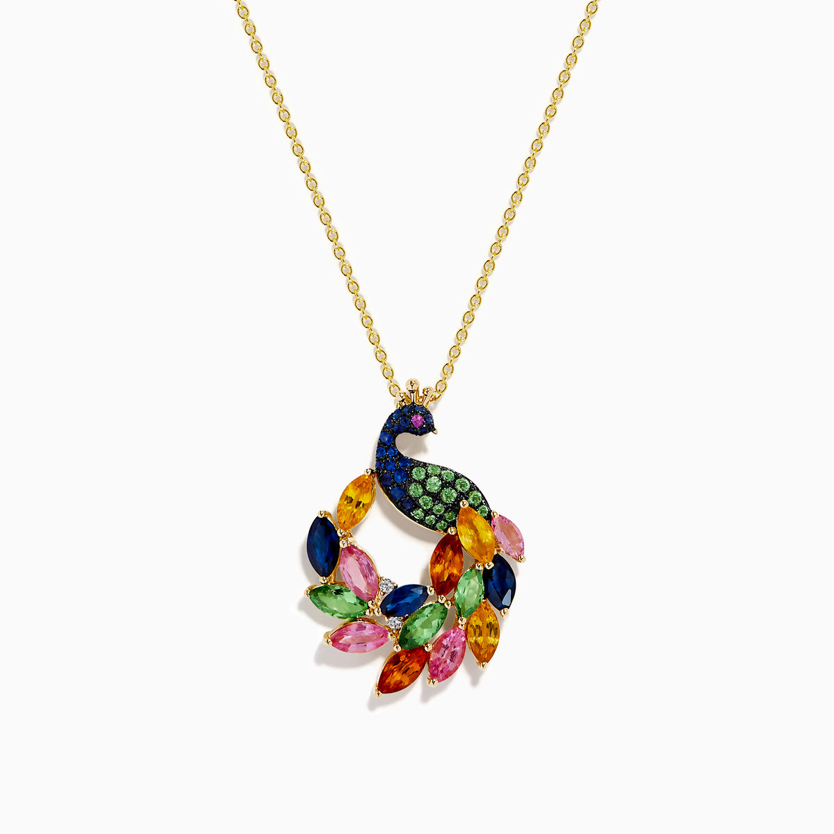 The Watercolors 14K Yellow Gold Multi Sapphire and Diamond Peacock Pendant features a gold chain with blue, green, pink, orange, red, and yellow sapphires to mimic a peacock’s feathers.