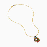 The Watercolors 14K Yellow Gold Multi Sapphire and Diamond Peacock Pendant features a gold chain with blue, green, pink, orange, red, and yellow sapphires to mimic a peacock’s feathers.