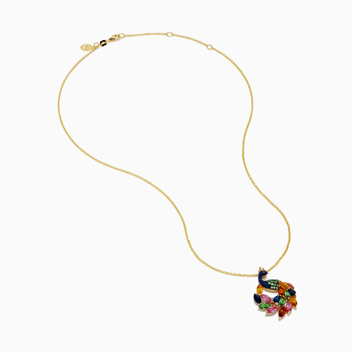 The Watercolors 14K Yellow Gold Multi Sapphire and Diamond Peacock Pendant features a gold chain with blue, green, pink, orange, red, and yellow sapphires to mimic a peacock’s feathers.