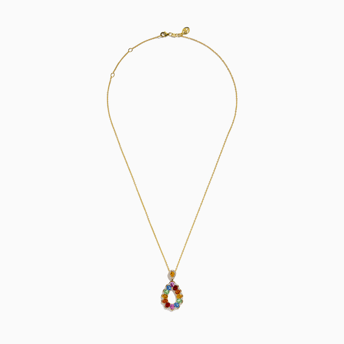 The Watercolors 14K Yellow Gold Multi Sapphire and Diamond Teardrop Pendant features vibrant sapphires and diamonds in a teardrop design, set on a delicate yellow gold chain.