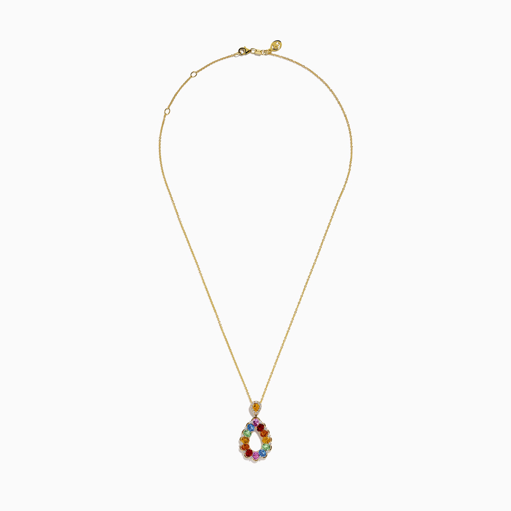 The Watercolors 14K Yellow Gold Multi Sapphire and Diamond Teardrop Pendant features vibrant sapphires and diamonds in a teardrop design, set on a delicate yellow gold chain.