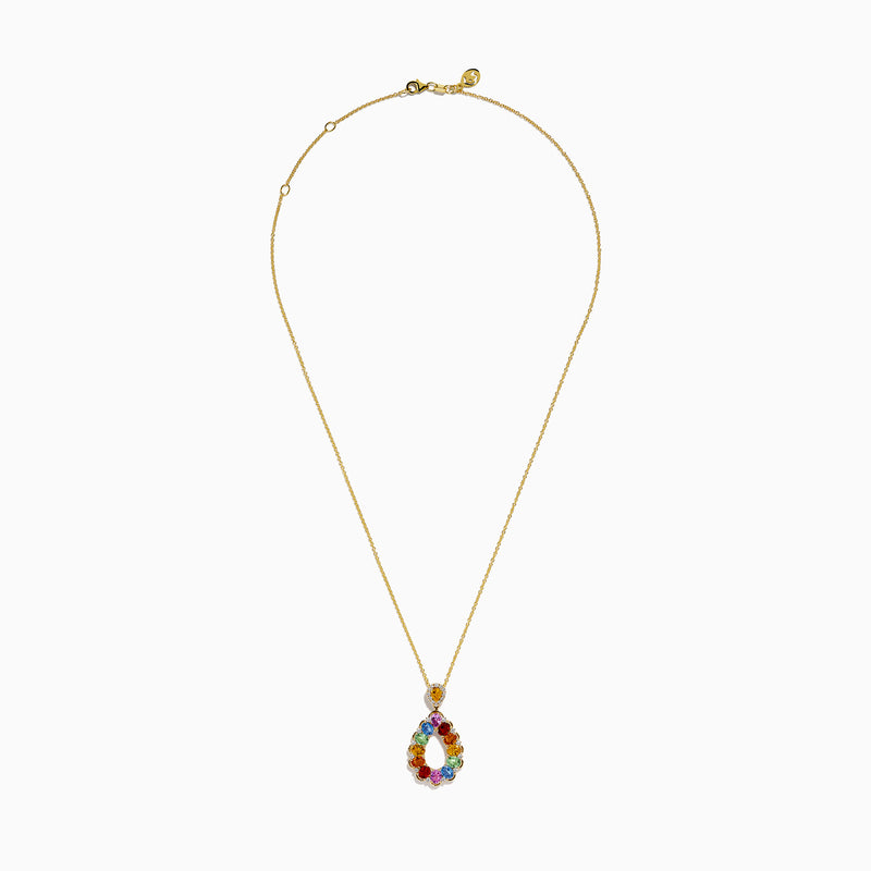 The Watercolors 14K Yellow Gold Multi Sapphire and Diamond Teardrop Pendant features vibrant sapphires and diamonds in a teardrop design, set on a delicate yellow gold chain.