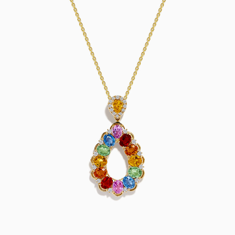 The Watercolors 14K Yellow Gold Multi Sapphire and Diamond Teardrop Pendant features vibrant sapphires and diamonds in a teardrop design, set on a delicate yellow gold chain.