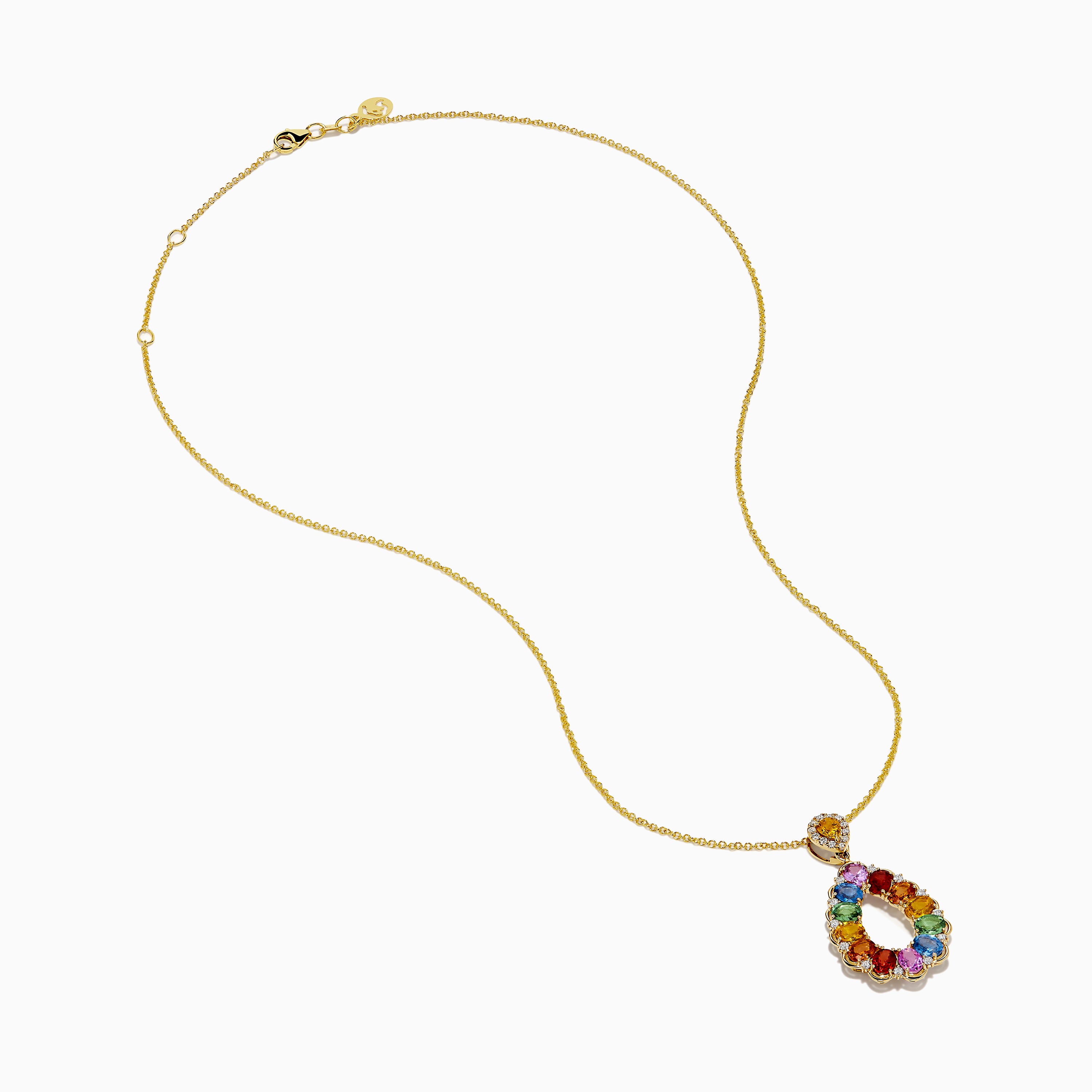 The Watercolors 14K Yellow Gold Multi Sapphire and Diamond Teardrop Pendant features vibrant sapphires and diamonds in a teardrop design, set on a delicate yellow gold chain.