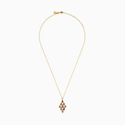 The Watercolors 14K Yellow Gold Multi Sapphire Chandelier Pendant is a gold chain necklace featuring nine teardrop-shaped multicolored sapphires in a geometric pattern.