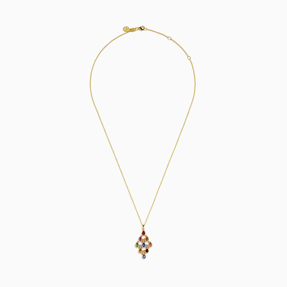 The Watercolors 14K Yellow Gold Multi Sapphire Chandelier Pendant is a gold chain necklace featuring nine teardrop-shaped multicolored sapphires in a geometric pattern.