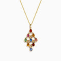 The Watercolors 14K Yellow Gold Multi Sapphire Chandelier Pendant is a gold chain necklace featuring nine teardrop-shaped multicolored sapphires in a geometric pattern.