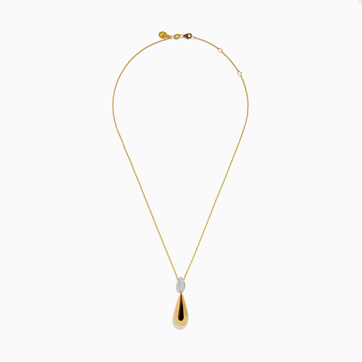 The 14K Yellow Gold Diamond Pave & Polished Teardrop Pendant features sparkling diamonds set in gold and silver on a delicate chain, shown on a white background.