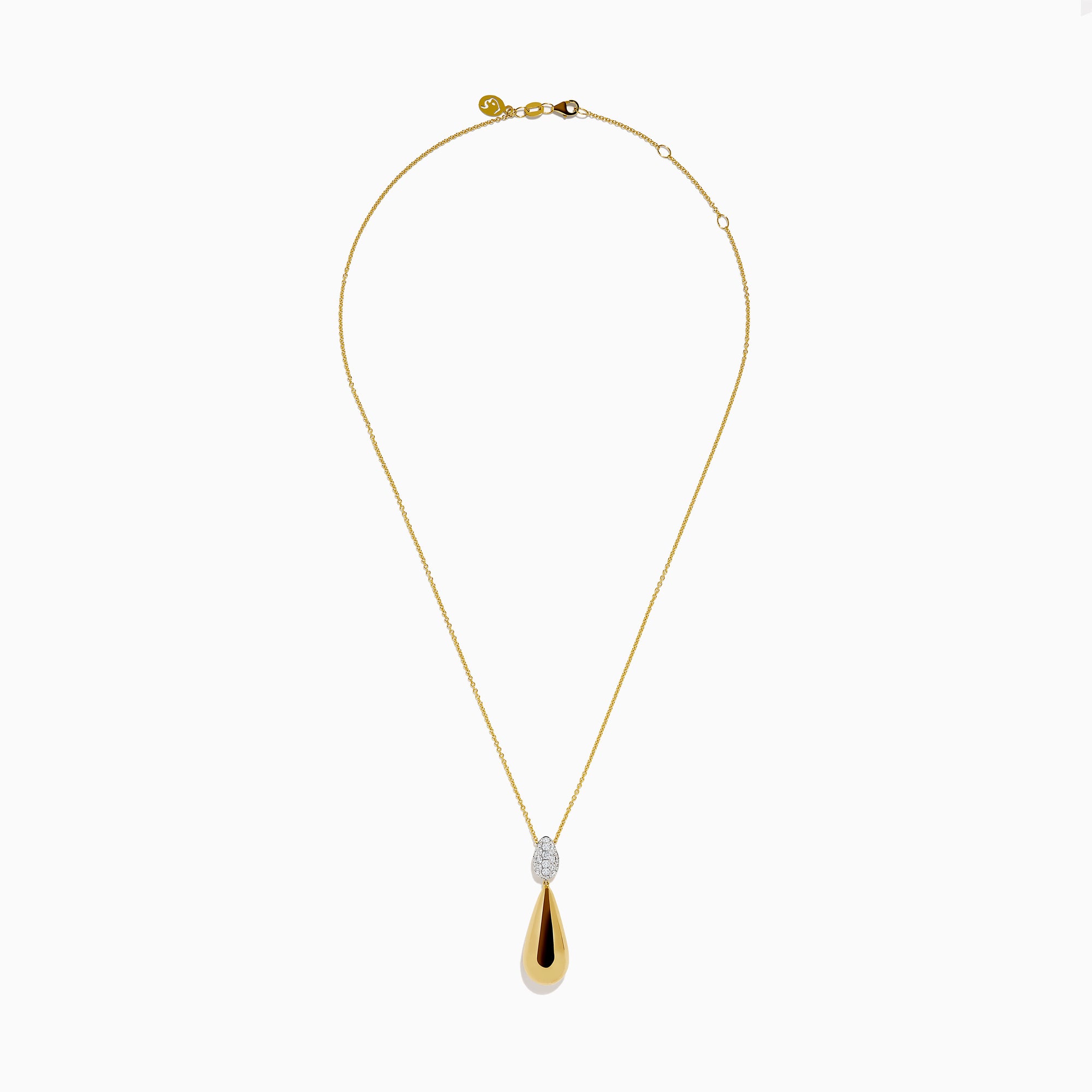 The 14K Yellow Gold Diamond Pave & Polished Teardrop Pendant features sparkling diamonds set in gold and silver on a delicate chain, shown on a white background.
