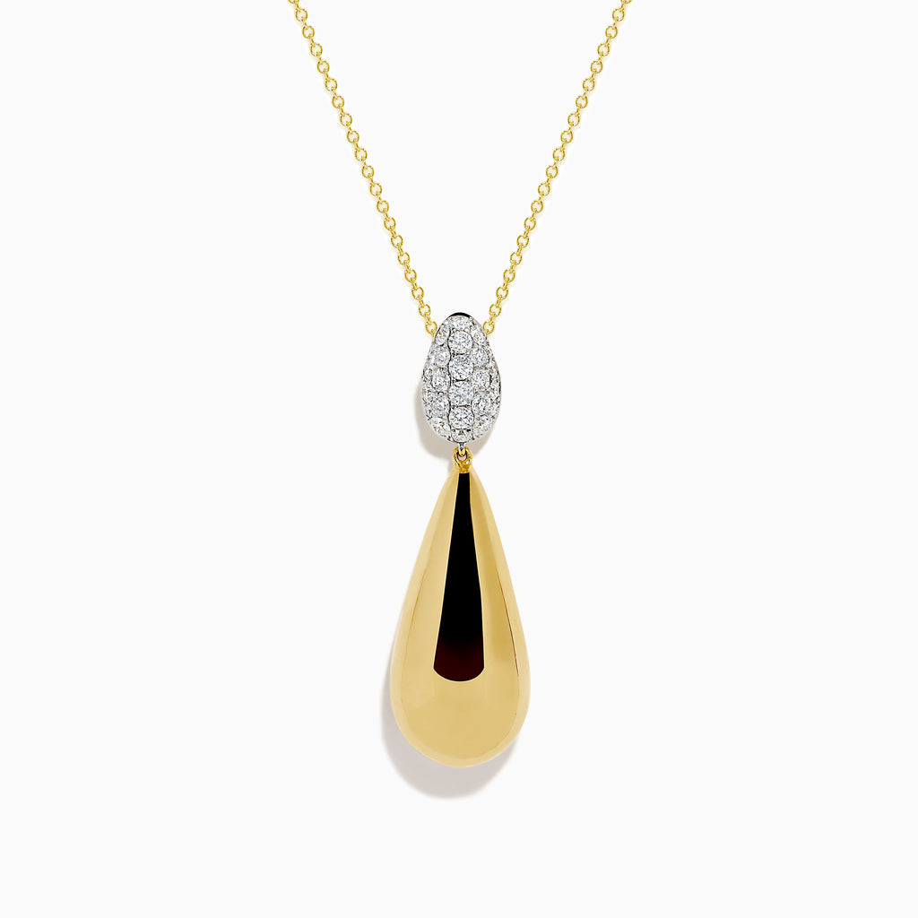 The 14K Yellow Gold Diamond Pave & Polished Teardrop Pendant features sparkling diamonds set in gold and silver on a delicate chain, shown on a white background.