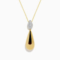 The 14K Yellow Gold Diamond Pave & Polished Teardrop Pendant features sparkling diamonds set in gold and silver on a delicate chain, shown on a white background.