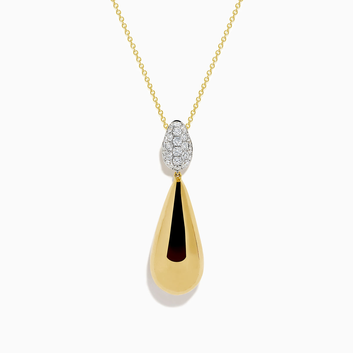 The 14K Yellow Gold Diamond Pave & Polished Teardrop Pendant features sparkling diamonds set in gold and silver on a delicate chain, shown on a white background.