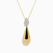 The 14K Yellow Gold Diamond Pave & Polished Teardrop Pendant features sparkling diamonds set in gold and silver on a delicate chain, shown on a white background.