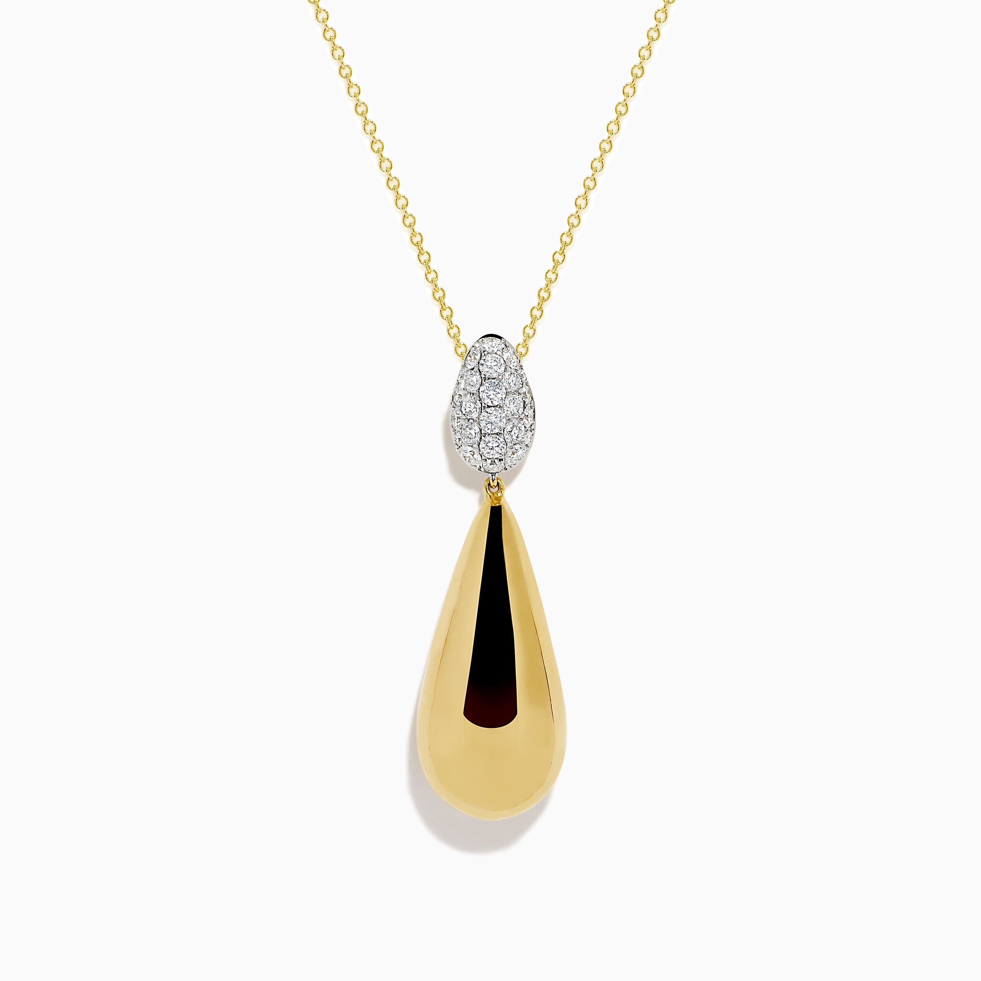 The 14K Yellow Gold Diamond Pave & Polished Teardrop Pendant features sparkling diamonds set in gold and silver on a delicate chain, shown on a white background.