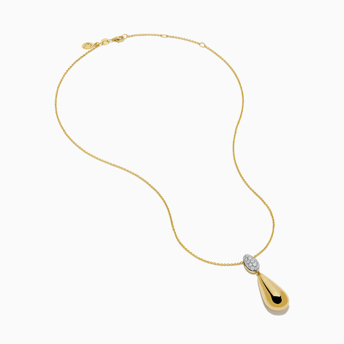 The 14K Yellow Gold Diamond Pave & Polished Teardrop Pendant features sparkling diamonds set in gold and silver on a delicate chain, shown on a white background.