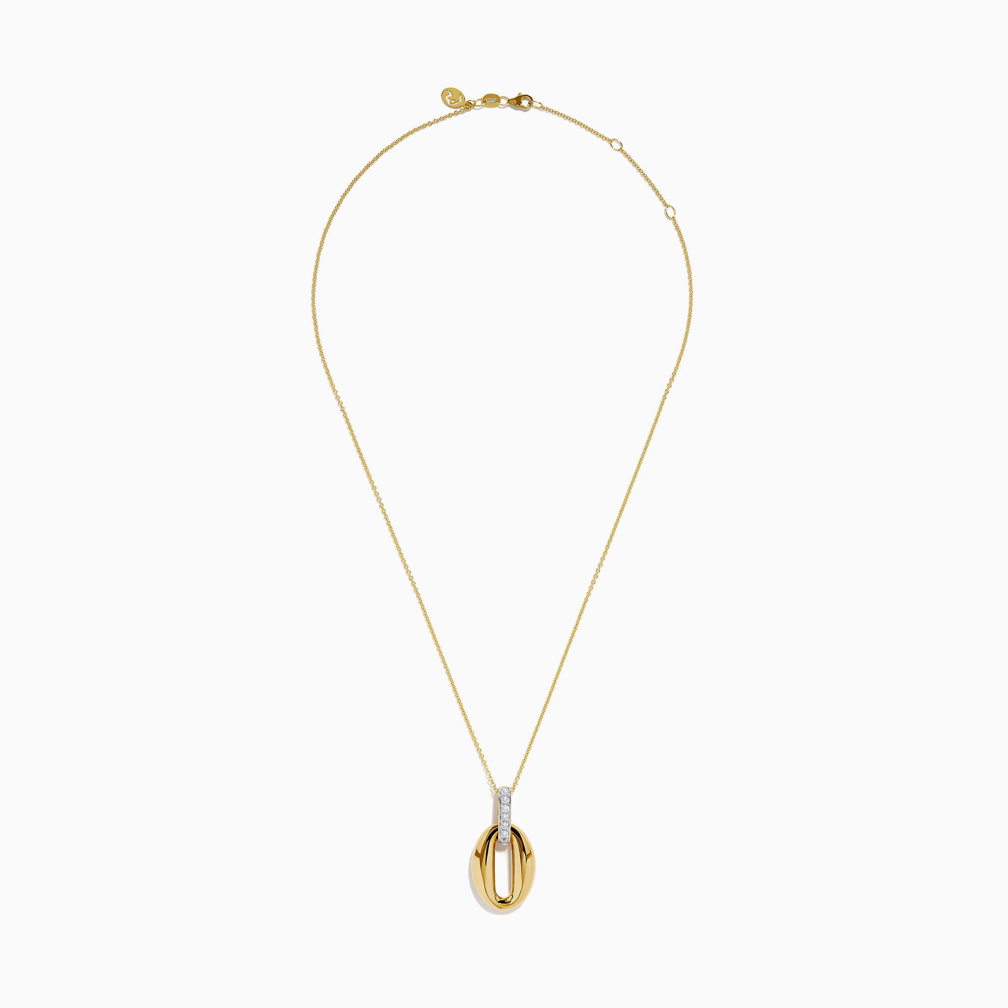 The 14K Yellow Gold Sculptural Oval Drop Pendant with Diamond Accents features an elegant oval design on a delicate chain, showcasing diamonds set in white metal at the top against a white background.