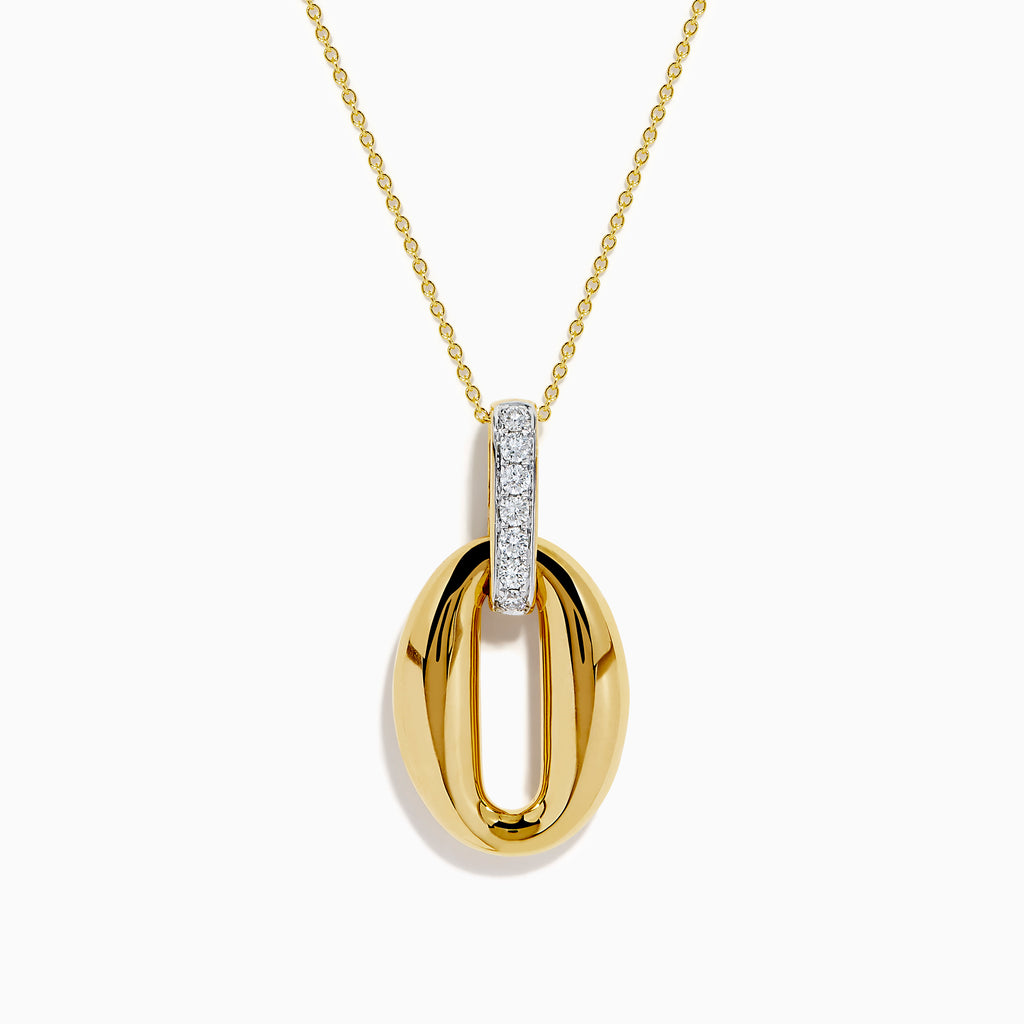 The 14K Yellow Gold Sculptural Oval Drop Pendant with Diamond Accents features an elegant oval design on a delicate chain, showcasing diamonds set in white metal at the top against a white background.