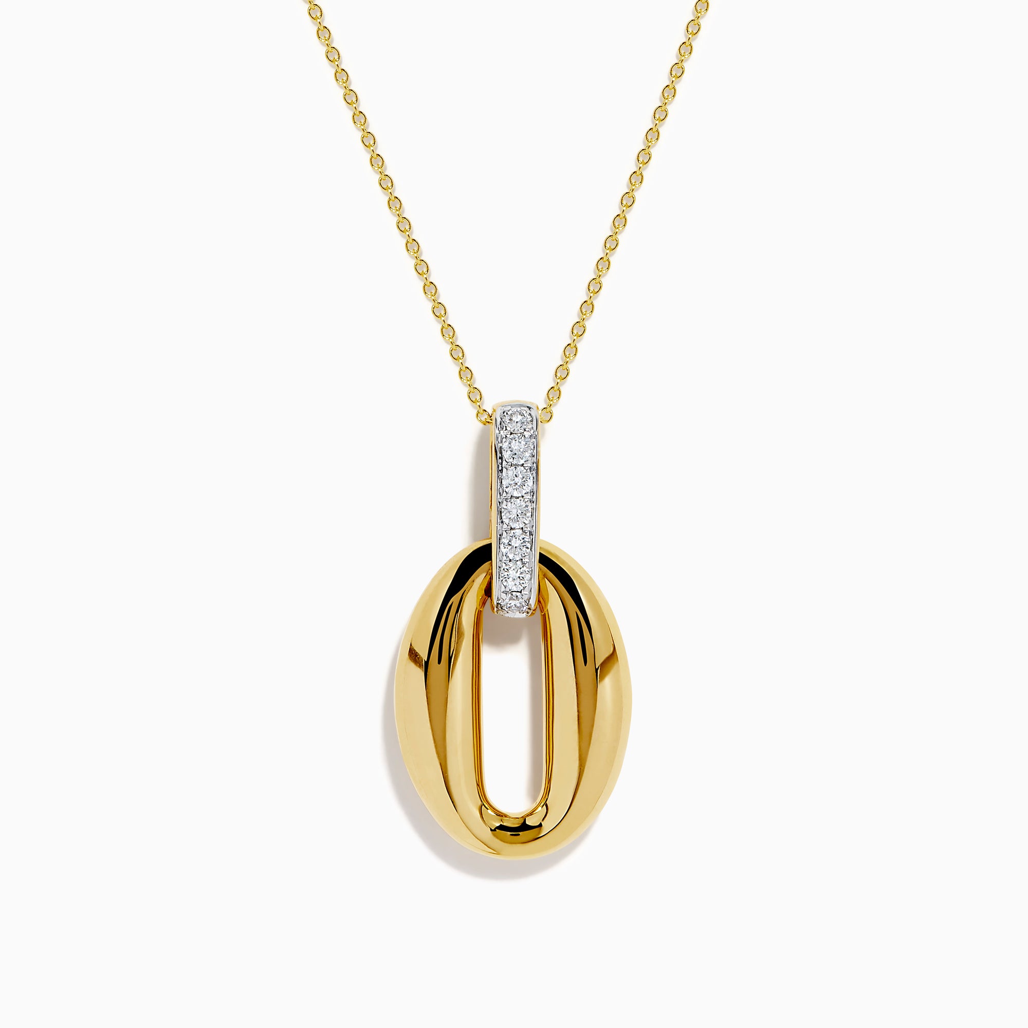 The 14K Yellow Gold Sculptural Oval Drop Pendant with Diamond Accents features an elegant oval design on a delicate chain, showcasing diamonds set in white metal at the top against a white background.