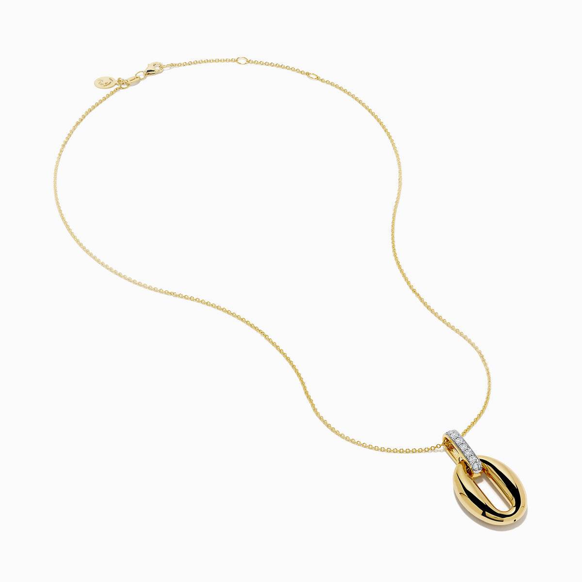 The 14K Yellow Gold Sculptural Oval Drop Pendant with Diamond Accents features an elegant oval design on a delicate chain, showcasing diamonds set in white metal at the top against a white background.