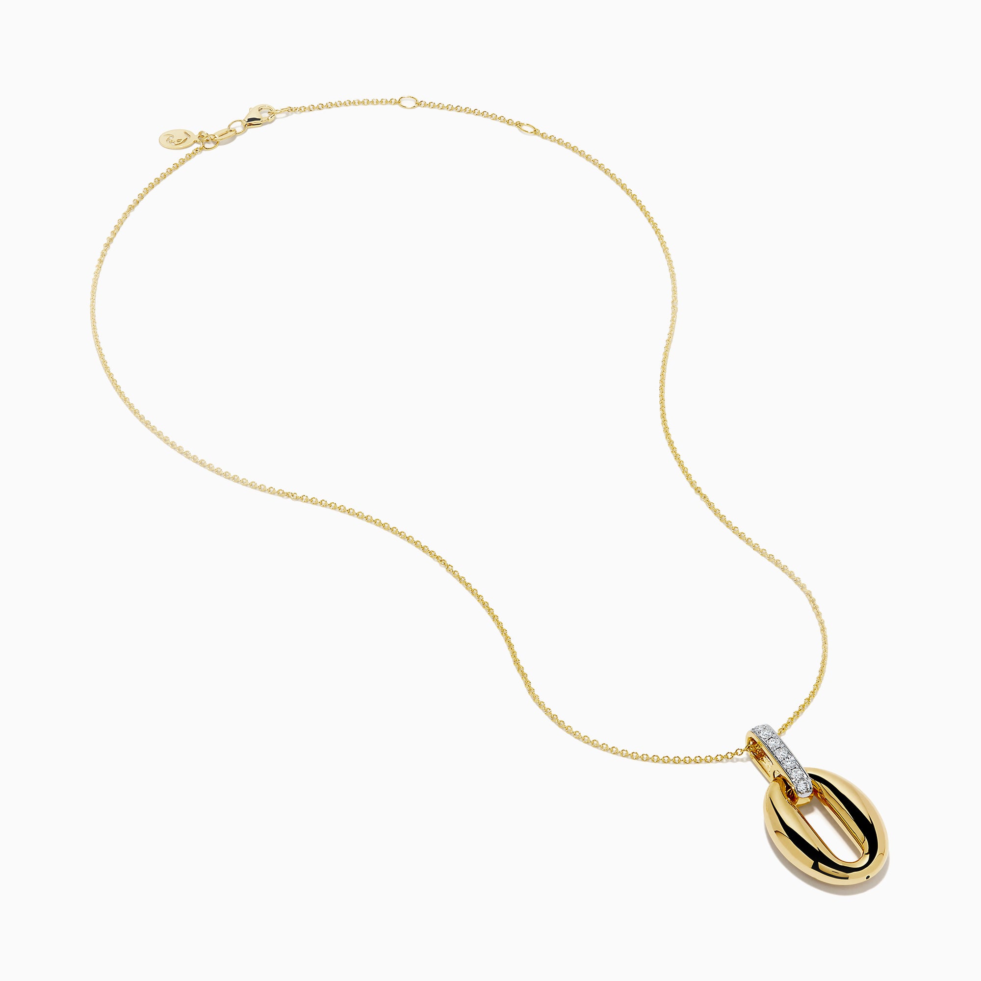 The 14K Yellow Gold Sculptural Oval Drop Pendant with Diamond Accents features an elegant oval design on a delicate chain, showcasing diamonds set in white metal at the top against a white background.