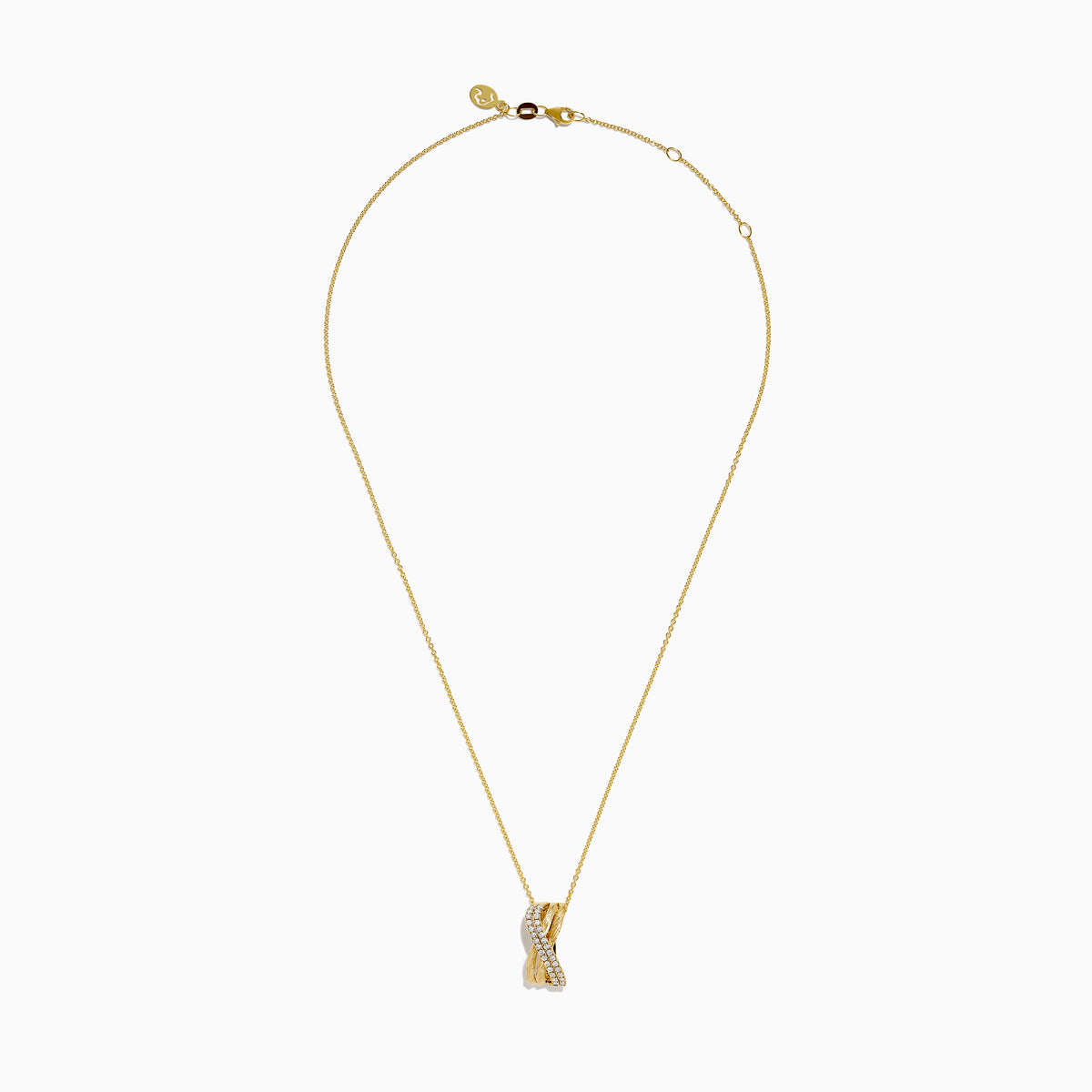 The 14K Yellow Gold Diamond Crisscross Bar Pendant features a twisted gold chain and a bar pendant with a diagonal row of sparkling diamonds, shown against a plain white background.
