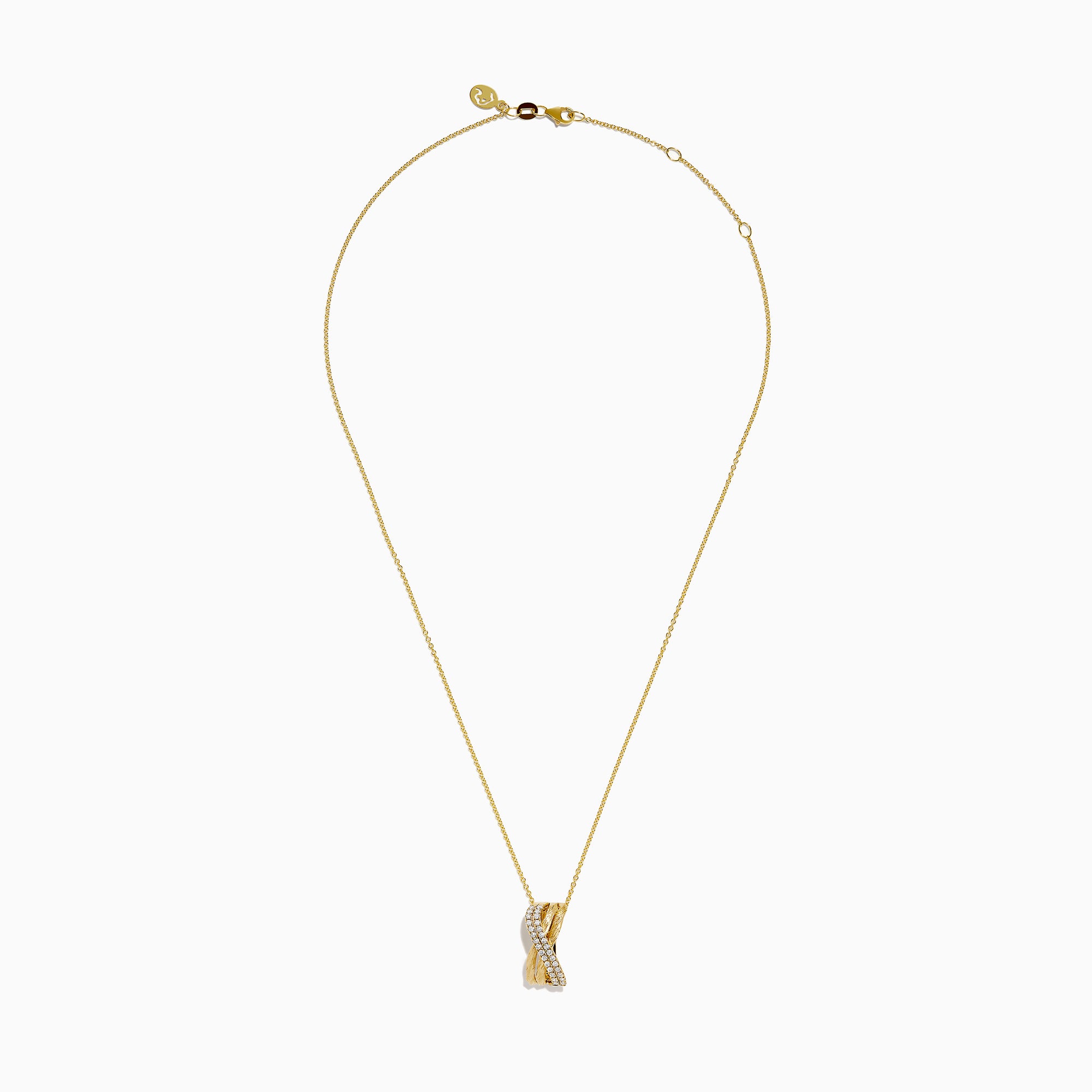The 14K Yellow Gold Diamond Crisscross Bar Pendant features a twisted gold chain and a bar pendant with a diagonal row of sparkling diamonds, shown against a plain white background.