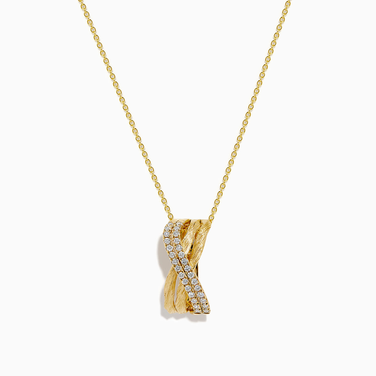 The 14K Yellow Gold Diamond Crisscross Bar Pendant features a twisted gold chain and a bar pendant with a diagonal row of sparkling diamonds, shown against a plain white background.
