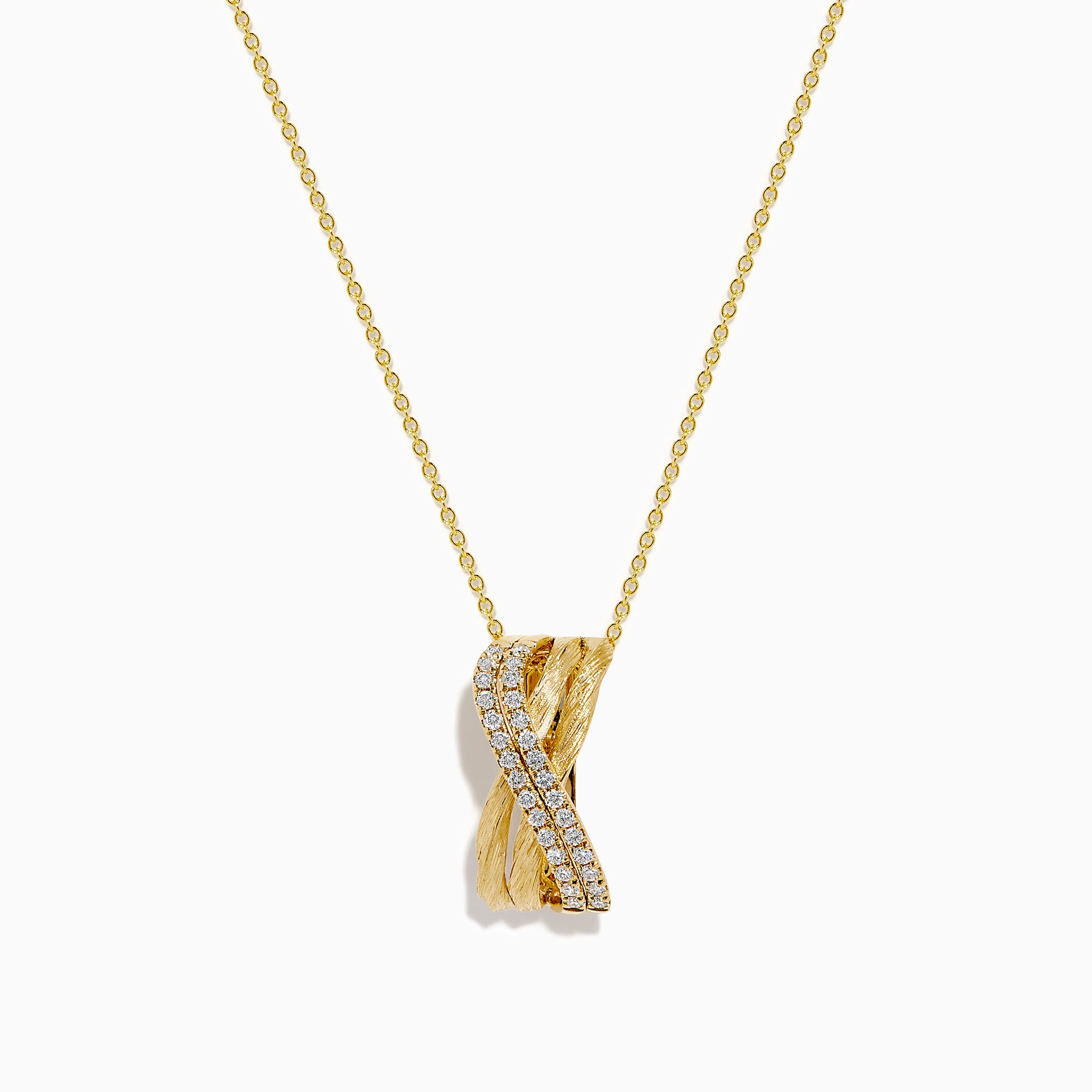 The 14K Yellow Gold Diamond Crisscross Bar Pendant features a twisted gold chain and a bar pendant with a diagonal row of sparkling diamonds, shown against a plain white background.