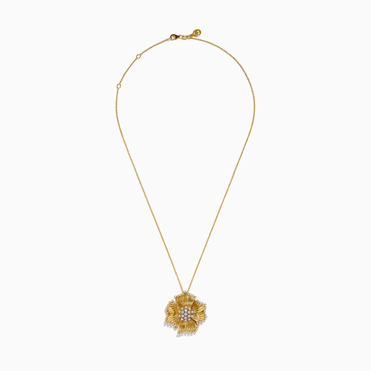 The D'Oro 14K Yellow Gold Diamond Flower Pendant features textured petals and clusters of sparkling diamonds at the center and edges, suspended from a delicate gold chain.