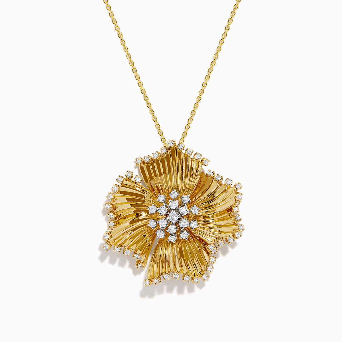 The D'Oro 14K Yellow Gold Diamond Flower Pendant features textured petals and clusters of sparkling diamonds at the center and edges, suspended from a delicate gold chain.