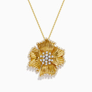The D'Oro 14K Yellow Gold Diamond Flower Pendant features textured petals and clusters of sparkling diamonds at the center and edges, suspended from a delicate gold chain.