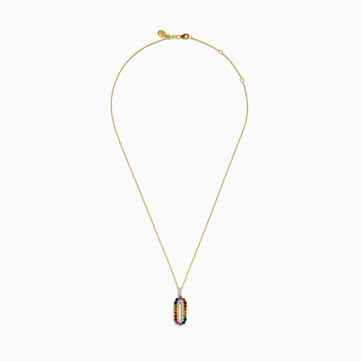 A Sterling Silver and 14K Yellow Gold Plated necklace featuring a multi sapphire and diamond pendant, accented with colorful gemstones on the edge and sparkling diamonds in the center.
