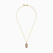A Sterling Silver and 14K Yellow Gold Plated necklace featuring a multi sapphire and diamond pendant, accented with colorful gemstones on the edge and sparkling diamonds in the center.