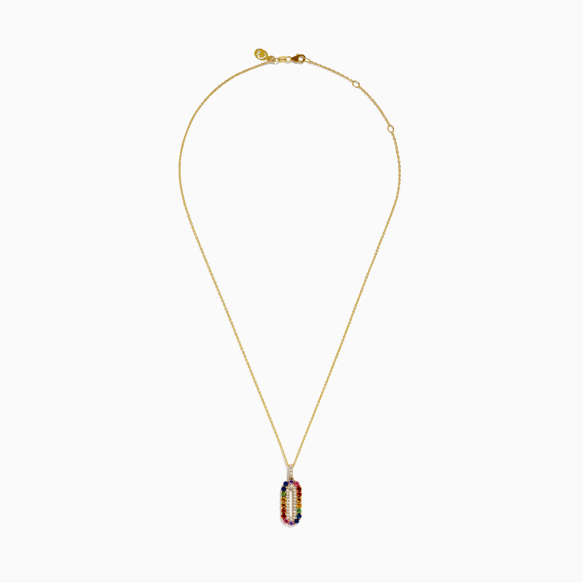 A Sterling Silver and 14K Yellow Gold Plated necklace featuring a multi sapphire and diamond pendant, accented with colorful gemstones on the edge and sparkling diamonds in the center.