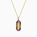 A Sterling Silver and 14K Yellow Gold Plated necklace featuring a multi sapphire and diamond pendant, accented with colorful gemstones on the edge and sparkling diamonds in the center.