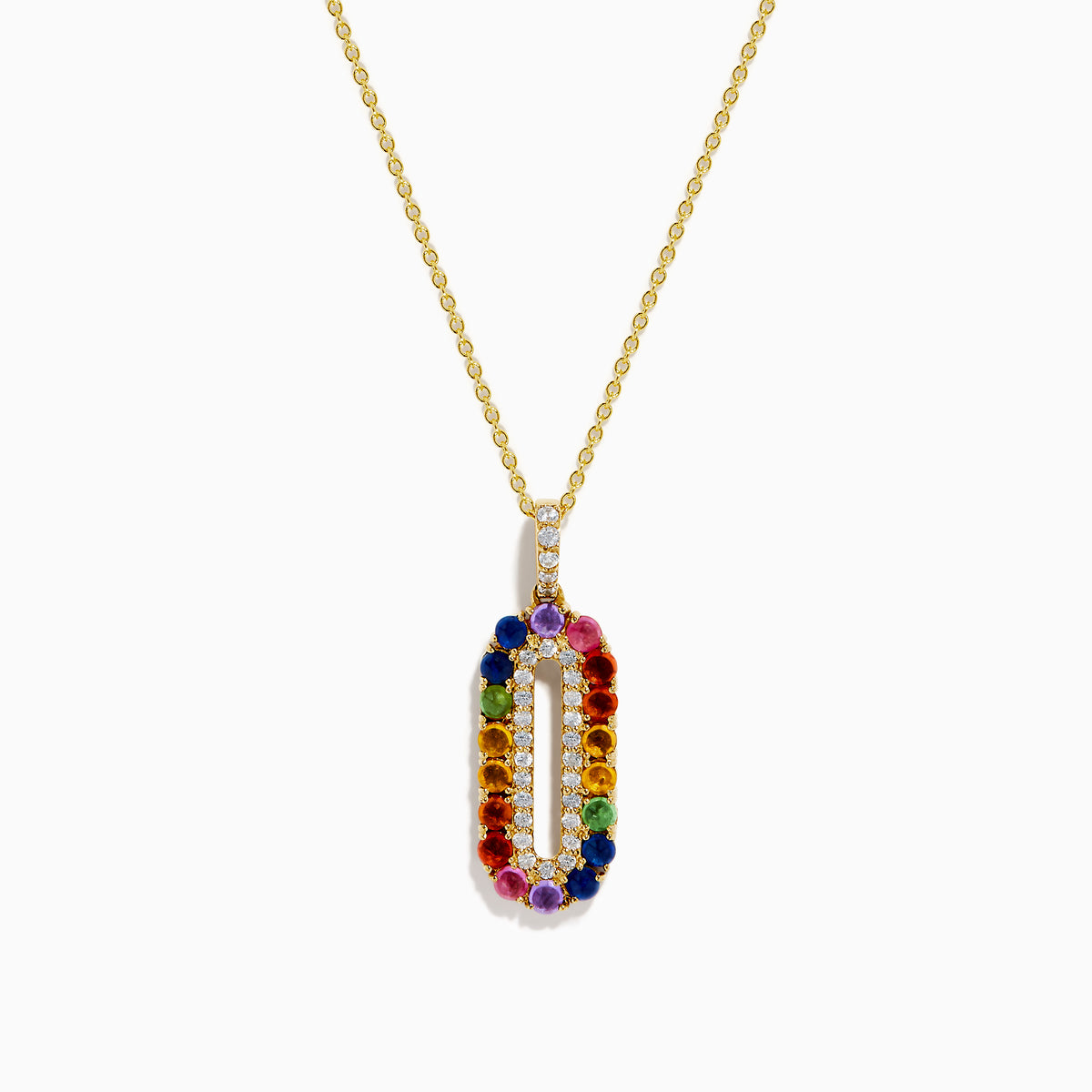 A Sterling Silver and 14K Yellow Gold Plated necklace featuring a multi sapphire and diamond pendant, accented with colorful gemstones on the edge and sparkling diamonds in the center.