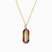 A Sterling Silver and 14K Yellow Gold Plated necklace featuring a multi sapphire and diamond pendant, accented with colorful gemstones on the edge and sparkling diamonds in the center.