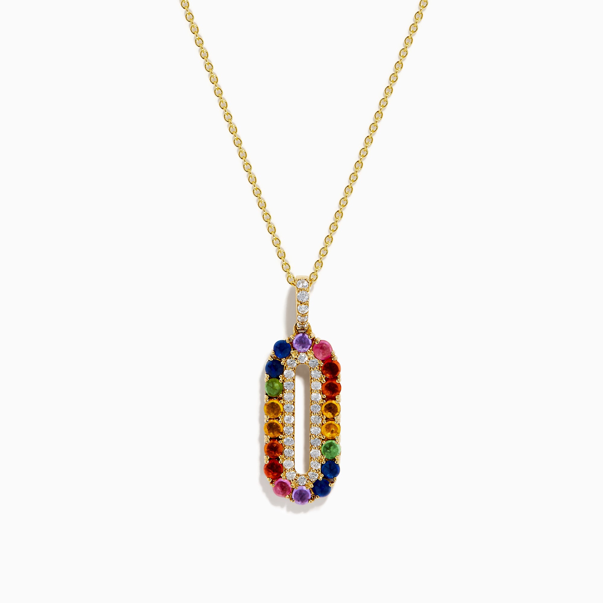 A Sterling Silver and 14K Yellow Gold Plated necklace featuring a multi sapphire and diamond pendant, accented with colorful gemstones on the edge and sparkling diamonds in the center.