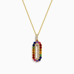 A Sterling Silver and 14K Yellow Gold Plated necklace featuring a multi sapphire and diamond pendant, accented with colorful gemstones on the edge and sparkling diamonds in the center.