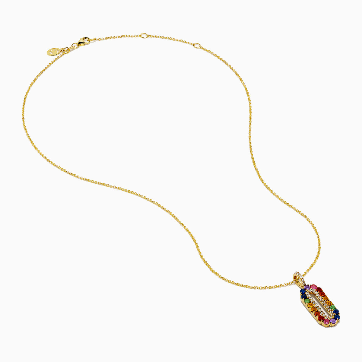 A Sterling Silver and 14K Yellow Gold Plated necklace featuring a multi sapphire and diamond pendant, accented with colorful gemstones on the edge and sparkling diamonds in the center.
