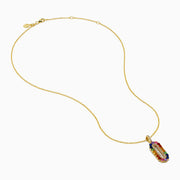 A Sterling Silver and 14K Yellow Gold Plated necklace featuring a multi sapphire and diamond pendant, accented with colorful gemstones on the edge and sparkling diamonds in the center.