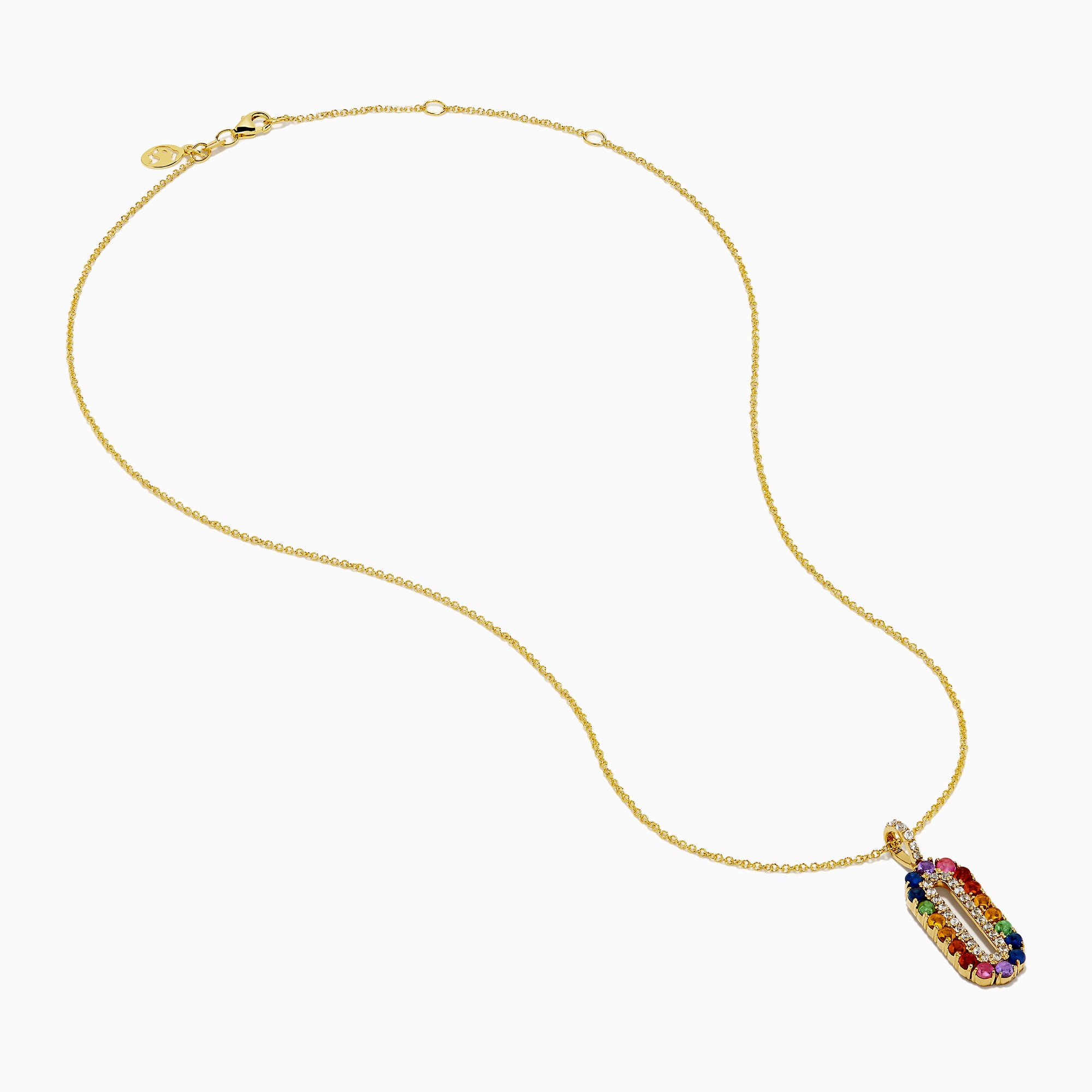 A Sterling Silver and 14K Yellow Gold Plated necklace featuring a multi sapphire and diamond pendant, accented with colorful gemstones on the edge and sparkling diamonds in the center.