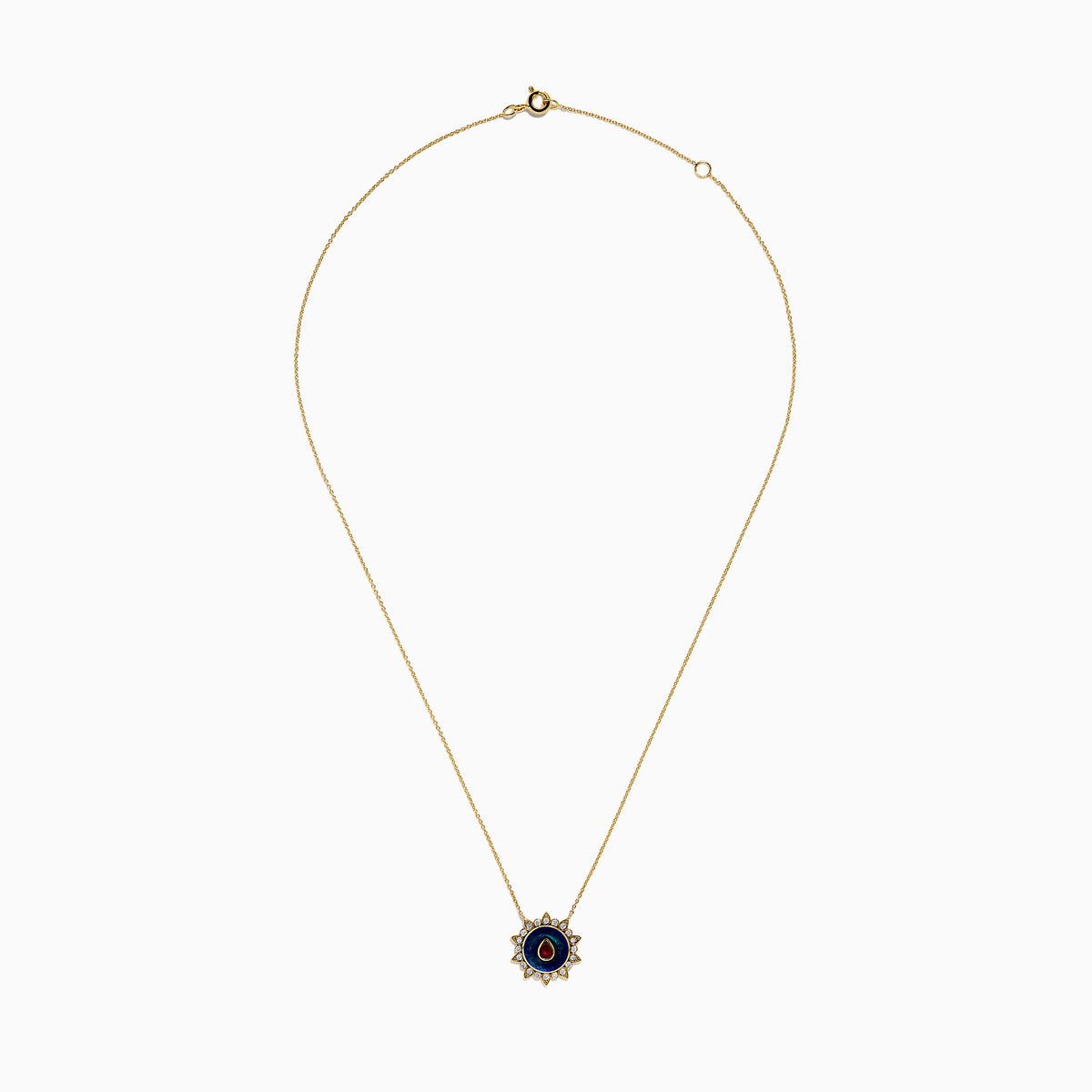14K Yellow Gold Ruby, Diamond, and Enamel Pendant featuring a delicate gold chain, round pendant with blue and green enamel, a central ruby teardrop, and a sunburst of small clear stones.