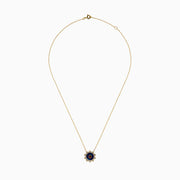 14K Yellow Gold Ruby, Diamond, and Enamel Pendant featuring a delicate gold chain, round pendant with blue and green enamel, a central ruby teardrop, and a sunburst of small clear stones.